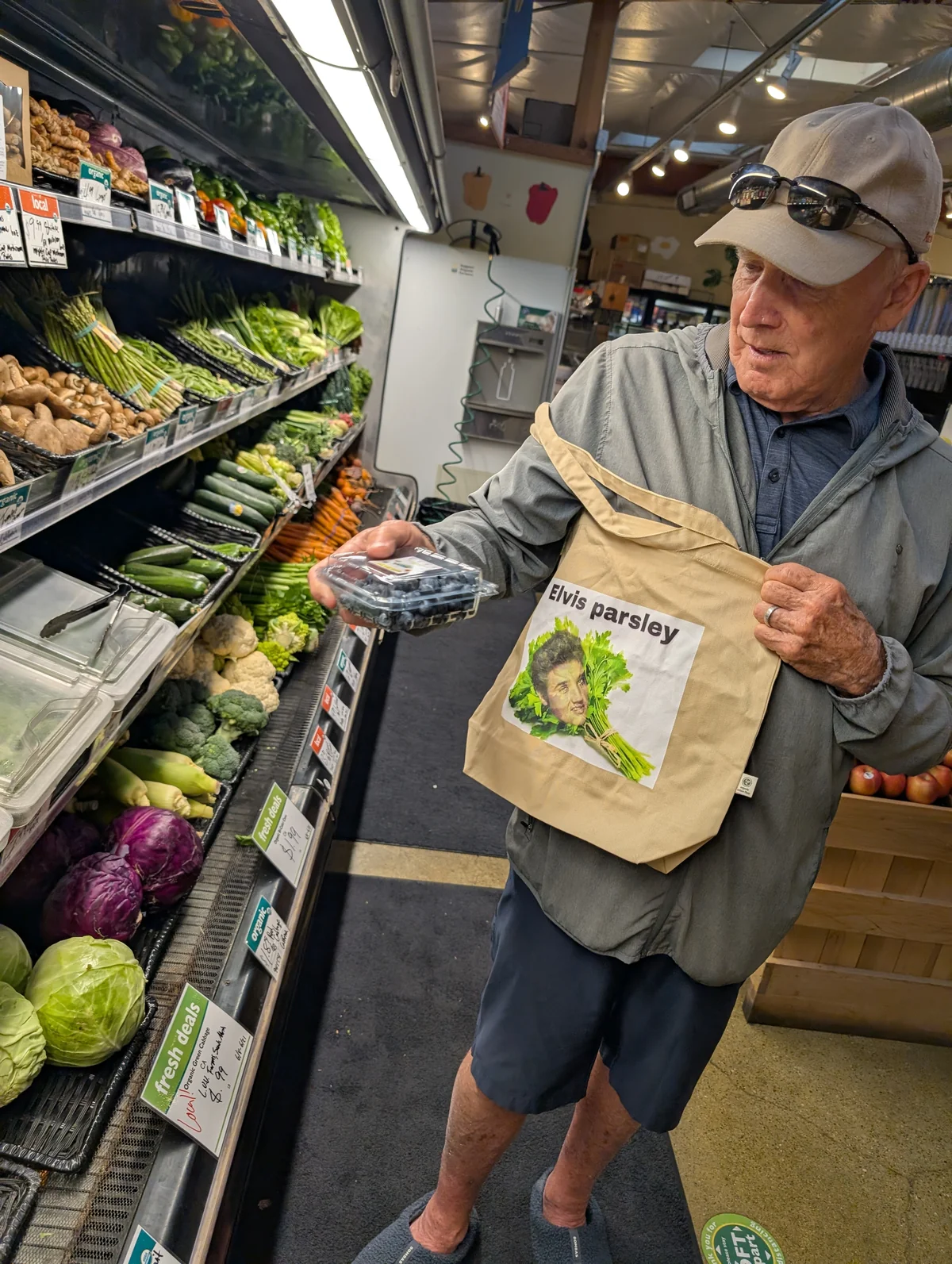 Elvis Parsley tote bag at an organic market